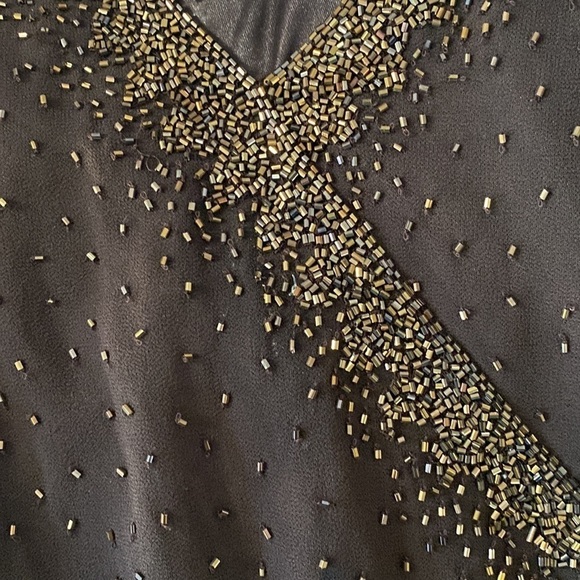 Jkara Beaded Bodice V-Neck Short Sleeve Faux Wrap Gown - Picture 12 of 12